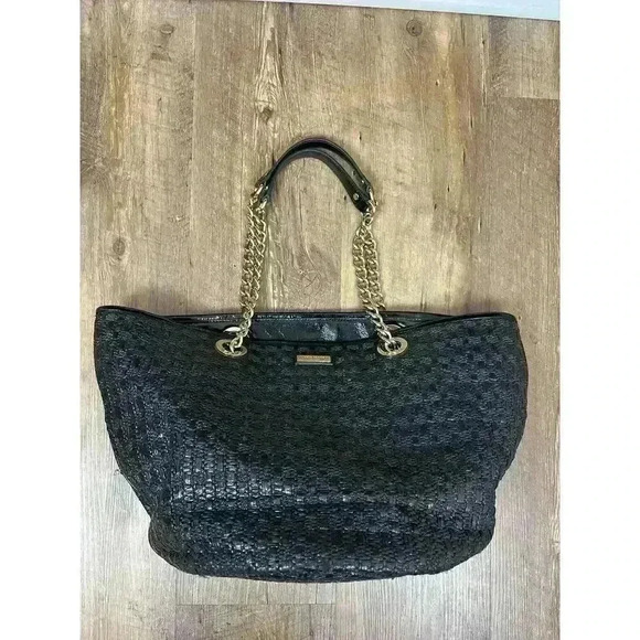 Kate Spade Woven Shoulder Bag Gold Tone Chain Satchel Black 10X16 Large - Picture 2 of 16